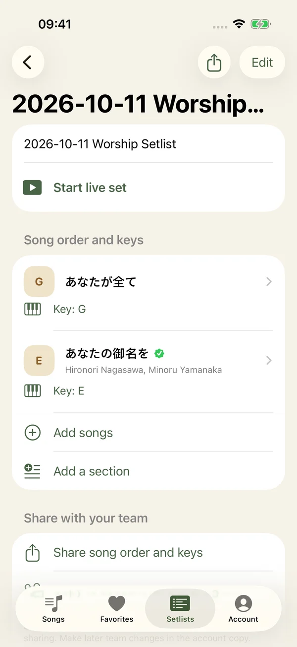 JPraise showing a prepared worship set with song order and keys.
