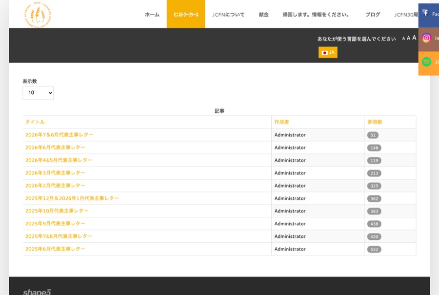 The live Joomla directors’ letters page: a table of ten letters with author and hit-count columns, above a drop-down limiting the page to ten items at a time.